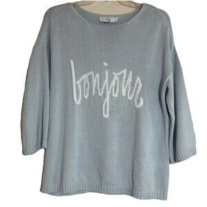 MB Bonjour Knit Sweater Women’s Petite PS Blue White Cotton 3/4 Sleeve Pullover
